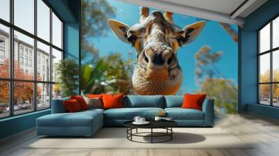 Closeup of Giraffe Head Eating Against Blue Sky - Slow Motion High Speed Full HD Footage Wall mural