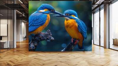 Colorful Coraciiformes with Fish Beak Pose on Blurry Background Wall mural