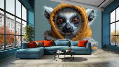 Cool and Cute Lemur Wearing Gray Hoody on Blue Background with Copy Space for Text - Exotic Animal Fashion with a Humorous Twist Wall mural