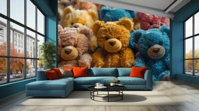 Cuddly Chaos: A Full Frame of Colorful Teddy Bears Squeezing and Squinting in a Playful Pile-Up Wall mural