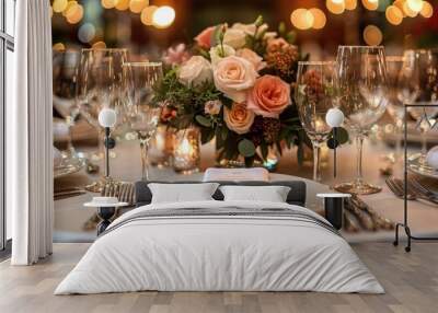 Elegant Place Setting with Silverware and Glassware on White Tablecloth - Stock Photo. Wall mural