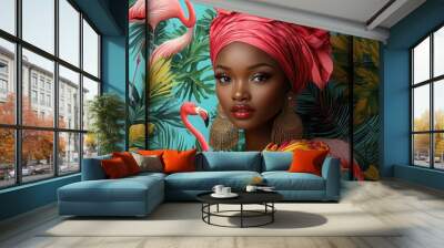 Exotic African Woman in Traditional Attire with Vibrant Flamingo Backdrop Wall mural