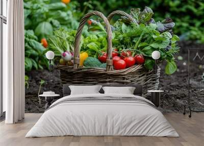 Farm-to-Table: Fresh Vegetables in Basket on Ground Wall mural