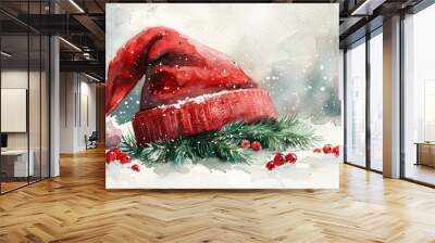 Festive Watercolor Christmas Hat Illustration for Invitations and Cards - Red and Green Winter Holiday Art Wall mural