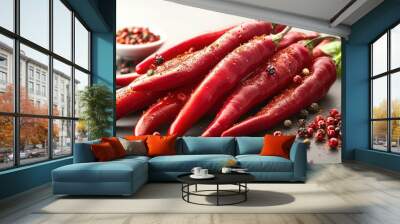 Fiery Red Chili Peppers on White Background - Spicy and Vibrant Cooking Ingredient Wall mural