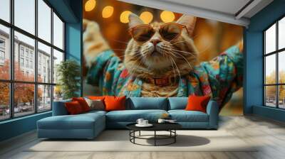 Funky Feline Groove: Cat in Colorful Clothes and Sunglasses Dancing on Green Background Wall mural