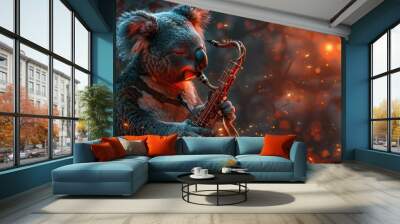 Koala Saxophonist: Colorful Vector Illustration of Music Print Design with Animal and Instrument Wall mural