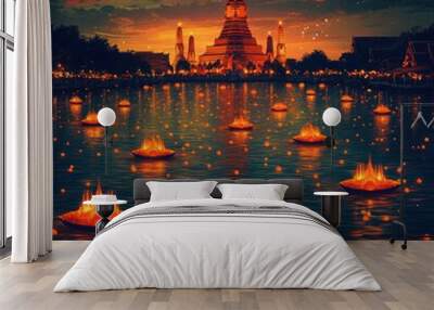 Loi Krathong Festival Landmark in Thailand - Vector Business Presentation Template for Website, Publication, and Marketing Materials Wall mural