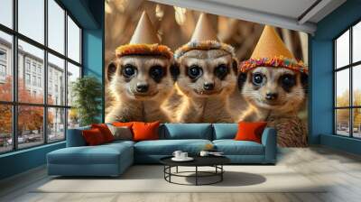 Meerkats Celebrating a Joyful Birthday Party with Caps Wall mural