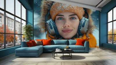 Nature's Music: Woman Listening to Headphones at Mountain Peak Wall mural