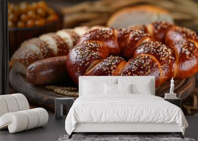 Oktoberfest Food and Beer Delight with Barley, Pretzel, and Sausage - Isolated on White Wall mural