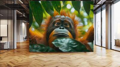 Orangutan Swinging Through Borneo and Sumatra's Lush Rainforests: A Symbol of Southeast Asia's Biodiversity Wall mural