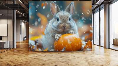 Playful Bunny Holding a Pumpkin in the Garden Wall mural