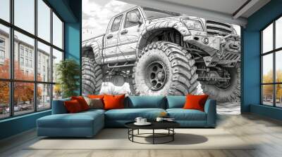 Rhino Cartoon Riding Monster Truck: Hand-Drawn Coloring Book Illustration Wall mural