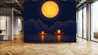 River Lantern Festival at Sunset: Traditional Asian Celebration on Dark Background  Wall mural