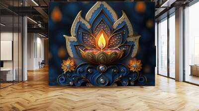 Shimmering Diwali Greetings: Gold Diya Patterned Festive Card with Crystals on Colorful Paper Background Wall mural