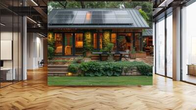 Sustainable Home Energy: House with Solar Panels on the Roof Wall mural