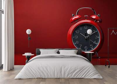 Vanishing Time: Black Alarm Clock Running Out on Red Background  Wall mural