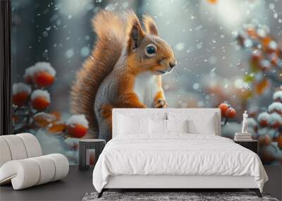 Winter Wonderland: Fluffy Squirrels in Enchanted Forest Landscape Wall mural