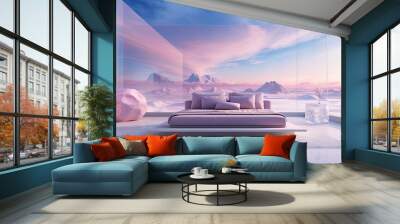 Fantasy world, futuristic fantasy bed with of the sky and pink clouds. A place for relaxation and inspiration, romance on surreal Beautiful Dream land background. Metallic mirror. Generated AI Wall mural