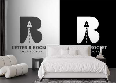 Ilustration vector graphic of Letter B template logo with rocket launch symbol. Negative space design trends. Wall mural