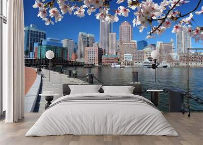 Boston skyline - spring time cherry blossoms Wall mural