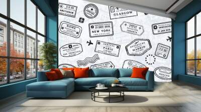 World travel passport stamps. Vector background with passport stamps. Wall mural