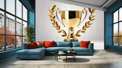 A shiny golden trophy cup with a laurel wreath design, representing achievement, cut out and isolated on a white background.- Wall mural