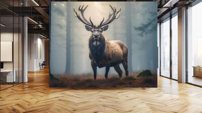 Majestic stag standing in a foggy forest clearing, antlers covered in morning dew,  Wall mural