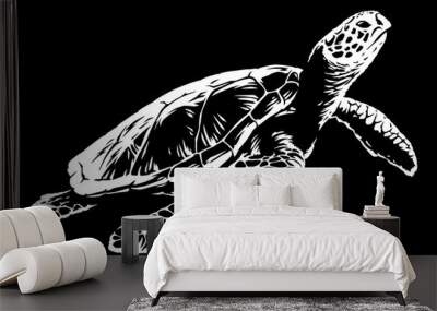 black and white linear paint draw turtle illustration art Wall mural