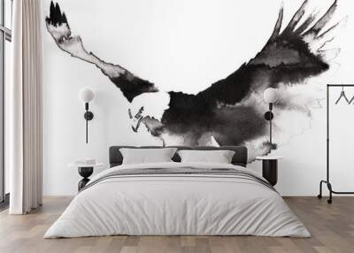 black and white monochrome painting with water and ink draw eagle bird illustration Wall mural