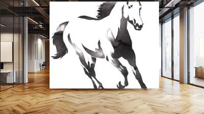 black and white monochrome painting with water and ink draw horse illustration Wall mural