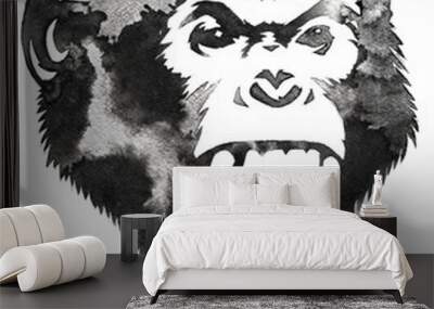 black and white monochrome painting with water and ink draw monkey illustration Wall mural