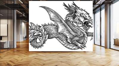 Vintage engraving isolated Japanese Dragon illustration snake ink sketch. Chinese character dragon background tattoo silhouette art. Black and white hand drawn image Wall mural