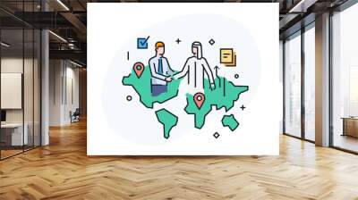 Businessmen shake hands with each other. Arab, Asia. Virtual communication smartphone. Cooperation interaction. Success, Cooperation. line icon illustration Wall mural