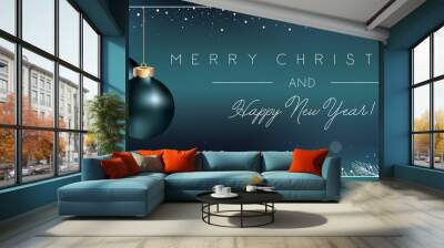 Christmas Blue Background with Xmas Balls decoration and Elegant Greeting Text of Winter Holidays Wall mural