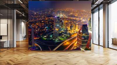 Istanbul skyline night aerial panoramic view from Sapphire tower, Levent financial district, Istanbul Turkey. Beautiful Bosphorus Bridge, business towers, modern offices, central banks, skyscrapers Wall mural