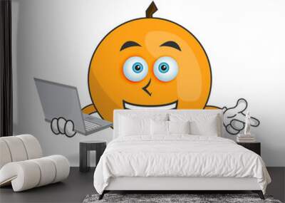 Orange mascot character with laptop in right hand. vector illustration Wall mural