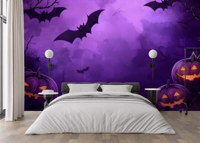 A purple Halloween pumpkin glows in the darkness with eerie orange eyes, creating a mysterious and creepy atmosphere Wall mural