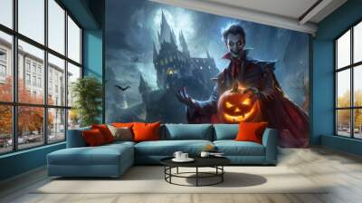 A Vampire Holding a Jack-o'-Lantern in Front of a Gothic Castle Wall mural