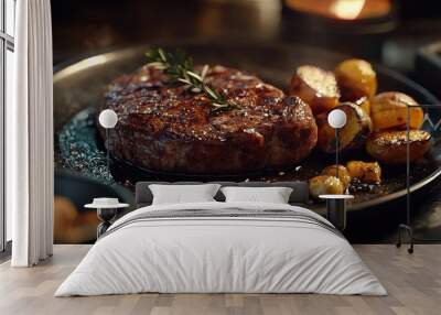 Close-up of a Juicy Grilled Steak with Rosemary and Roasted Potatoes Wall mural