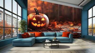 Two Lit Jack-O-Lantern Pumpkins on Wooden Surface with Autumn Leaves Wall mural