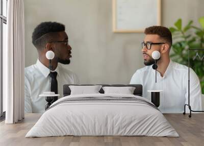 Two Men in White Shirts and Glasses Look at Each Other Wall mural