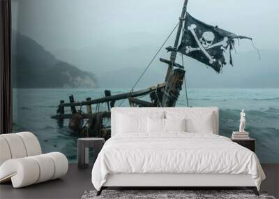 Sunken boat s mast with pirate flag emerging from water Wall mural