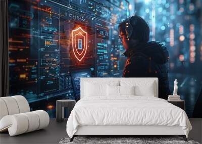 Cyber security network. Data protection concept. Businessman using digital tablet with biometric network security technology with data management, cybersecurity, computer crime, data encryption Wall mural