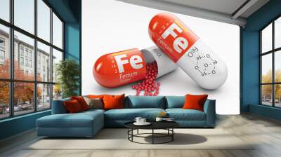 Pill with iron FE element. Dietary supplements. 3d illustration Wall mural