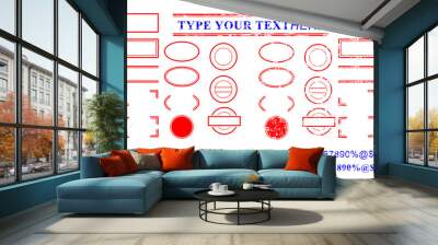 template red and blue alphabet, number, percent, dollar, dot, star, rectangle, lines oval circle rubber stamp effect Wall mural