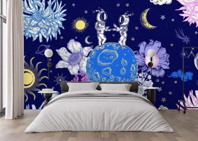 Astronauts, planets and flowers. Seamless pattern. Space illustration Surrealism. Wall mural