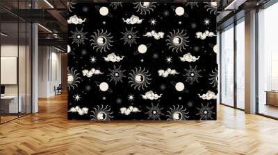 Seamless pattern. Zodiac circle, moon face, face of the sun, planet and galaxy. Wall mural