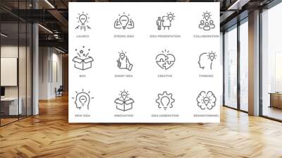 Creative idea line icon set. Brainstorming, lightbulb, brain, solution, innovation etc. Editable stroke Wall mural